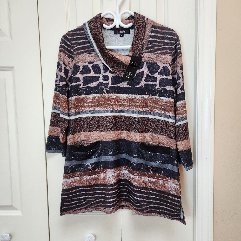 [M] Pasha Tunic Striped & Animal‎ Print Brown Tan Black Knit Top Medium